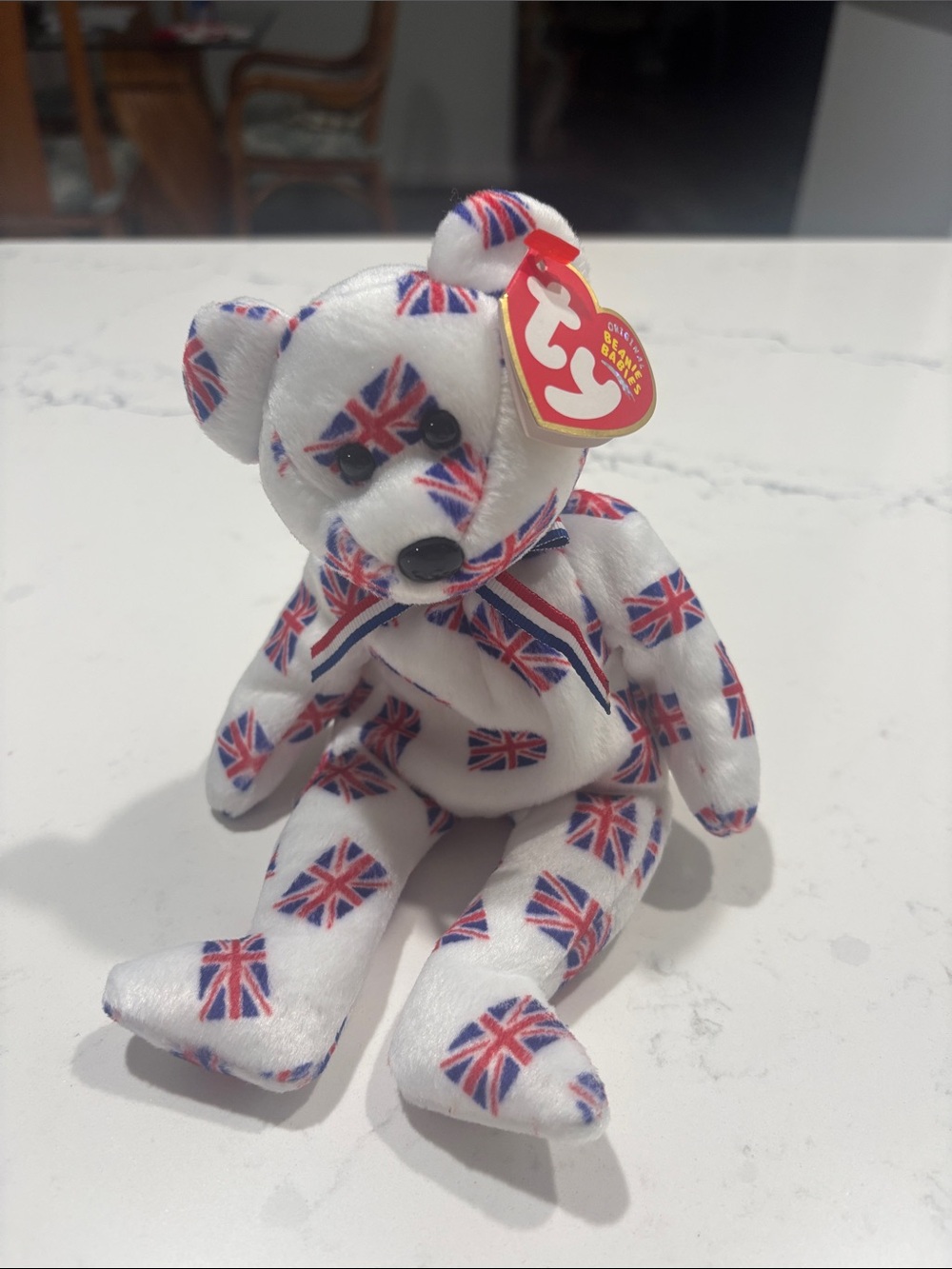 Ty Union Jack Flag Beanie Baby Bear - White, Red, Blue